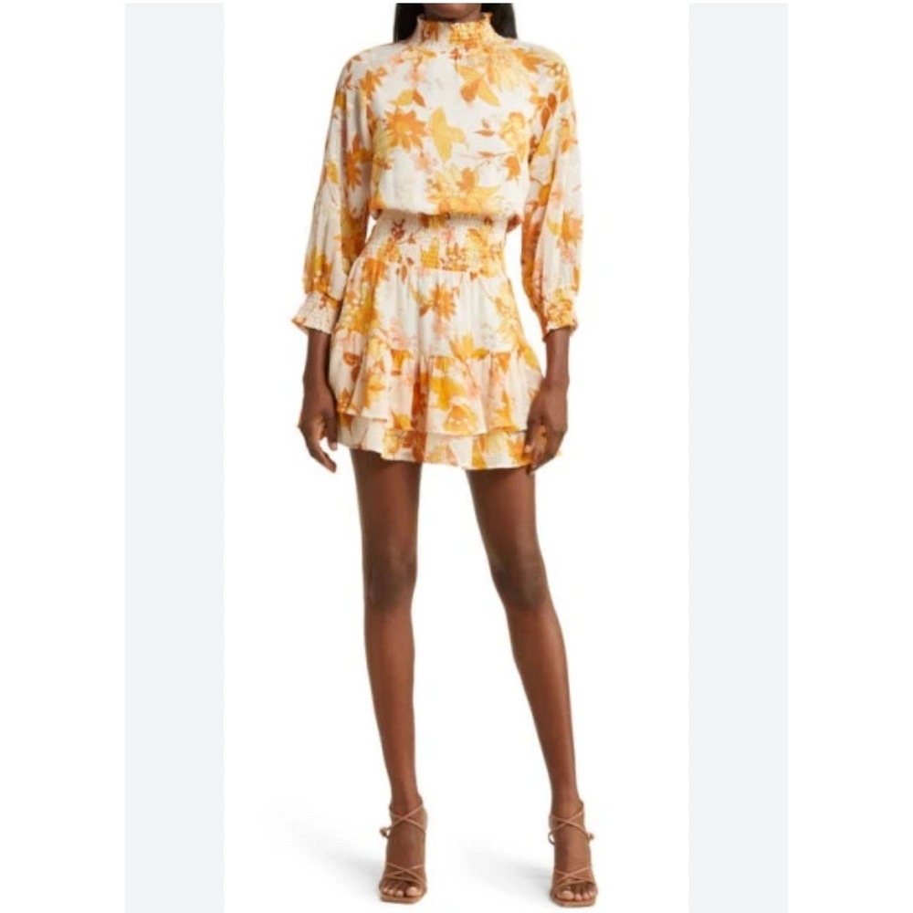 BTFL-life Ambrielle Floral Smocked Lined Long Sleeve Minidress in‎ Yellow Size S